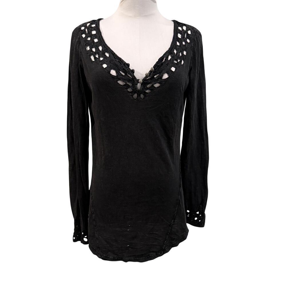 Free People Black Crochet Long Sleeve Top Grunge Whimsigoth Gothic Small Witchy